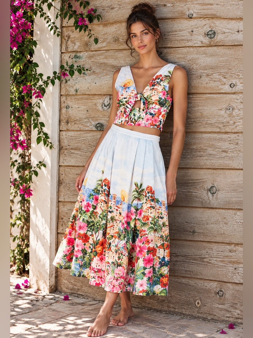 Zara Tropical Floral Sleeveless Tie-Front Crop Top